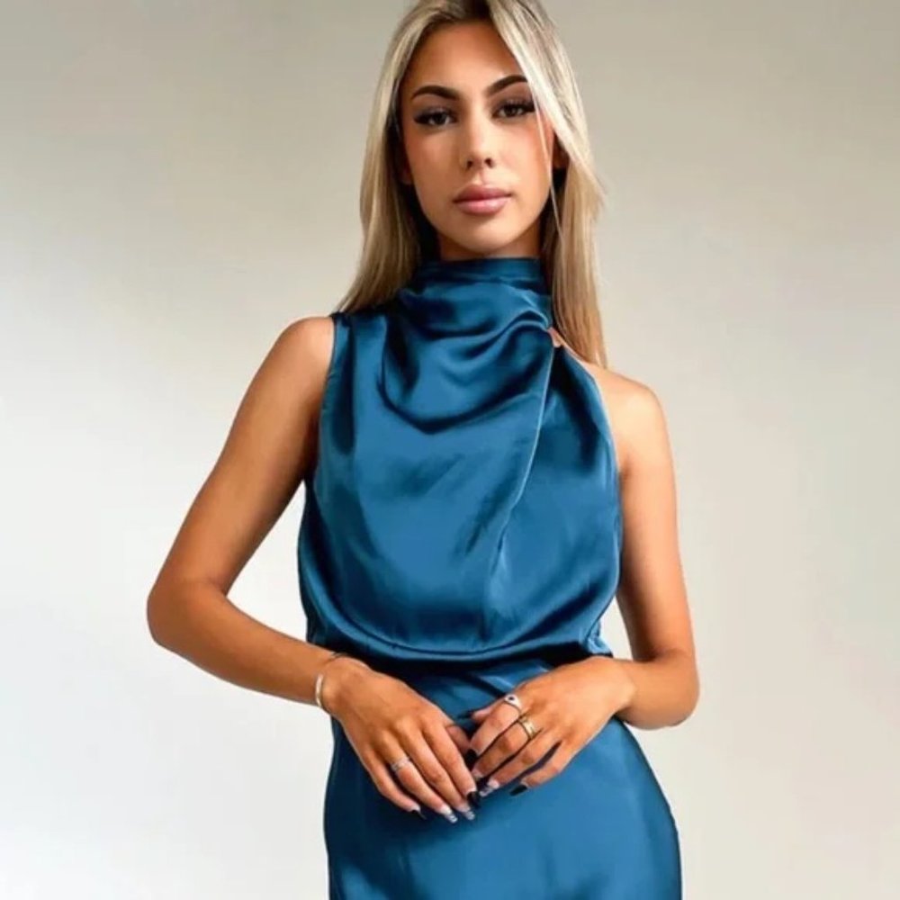 NWT House of Harlow 1960 Teal Blue Halter Dress Cocktail Cowl neck Satin Maxi M - Picture 2 of 12